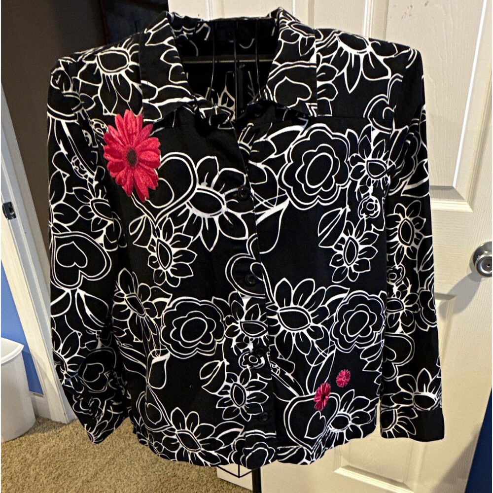 Krazy Kat Floral Embroidered Button-Down Long Sleeve Collared Blouse Jacket 2XL